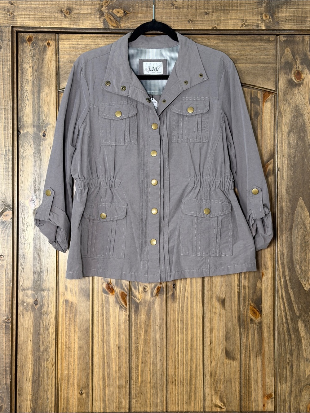 Live a Little Taupe Utility Jacket with Brass Buttons